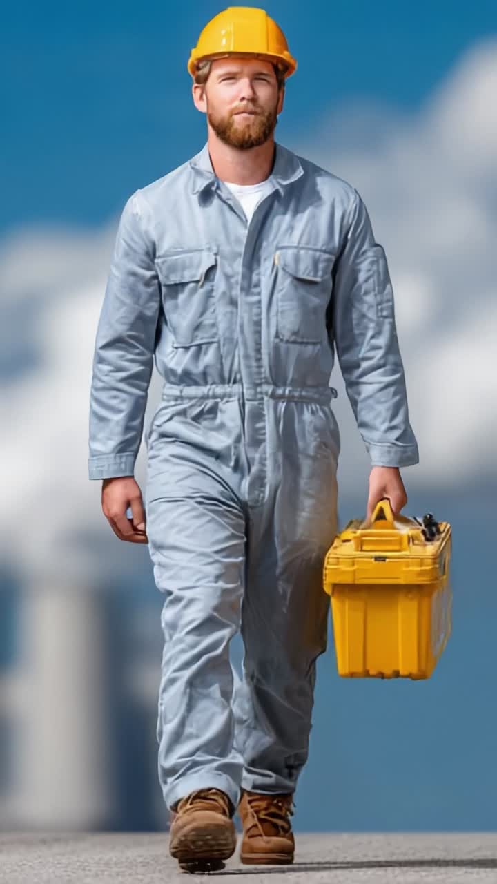 Confident Construction Worker in Safety Gear Walking with Toolbox Against a Backdrop of Industrial Environment, Showcasing Dedication to Workplace Safety and Efficiency