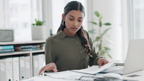 problem, documents and business woman frustrated