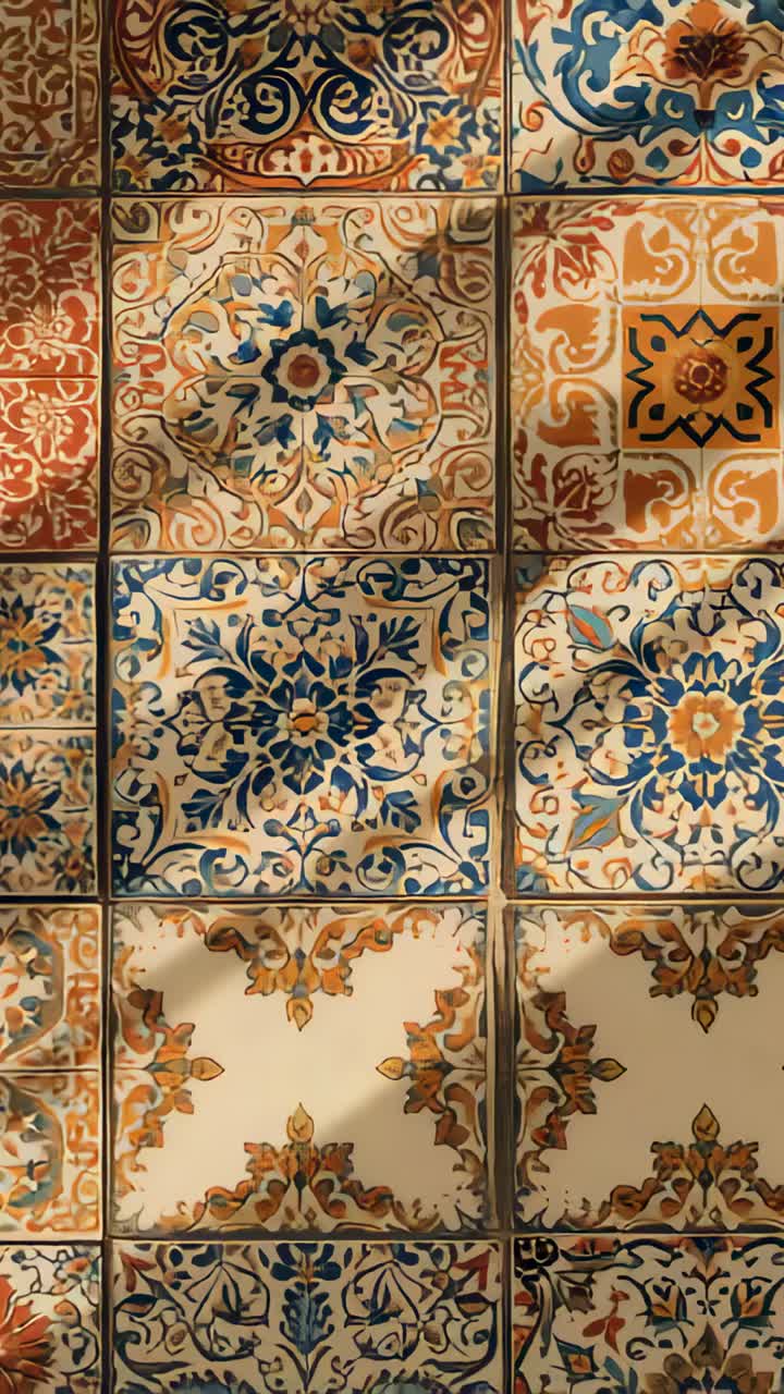 Vertical video: Streaming sunlight moving across ornate tiles at wall casting shadows over grout