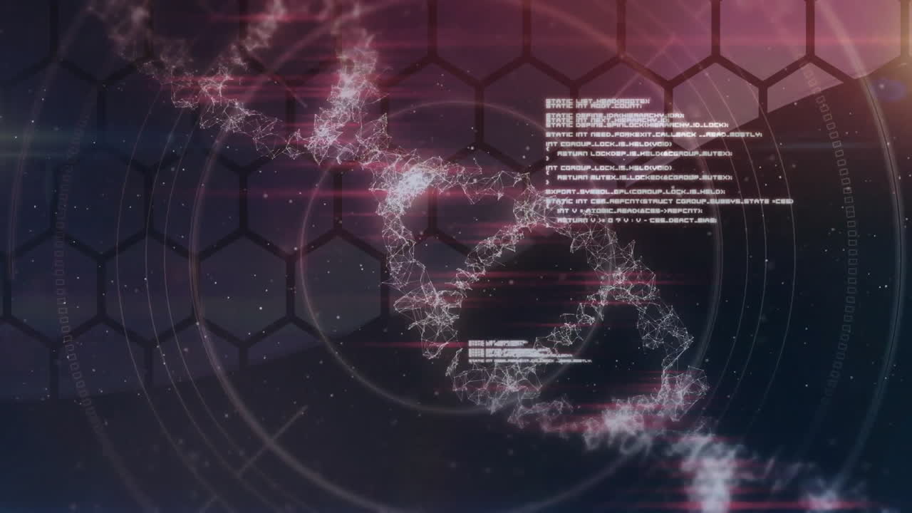 스 스캔 및 육각형 배경에서 dna 스트랜드 스핀링 및 데이터 처리의 애니메이션