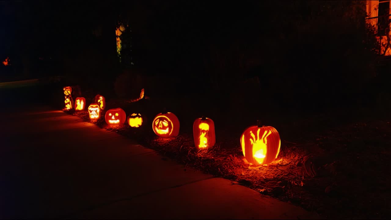 A Spooky Display of Illuminated Pumpkins: Captivating Jack-o'-Lanterns Glowing in the Night, Perfect for Celebrating Halloween and Harvest Festivities