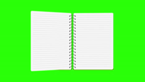 4k motion book animation open white blank page, book motion graphic animation. paper note book opening on with green screen.