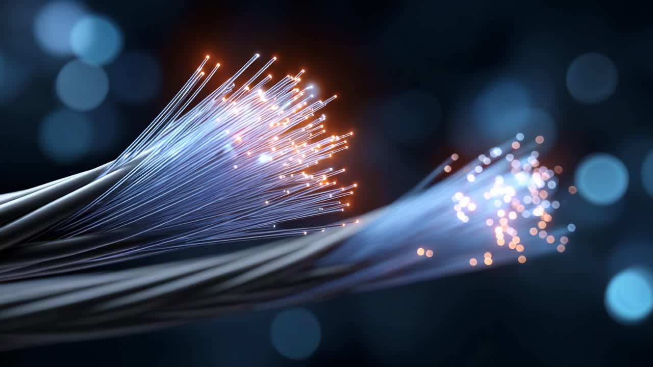 Illuminated Fiber Optic Cables with Light Particles on a Dark Background, Showcasing the Beauty of Advanced Communication Technology in Modern Networks