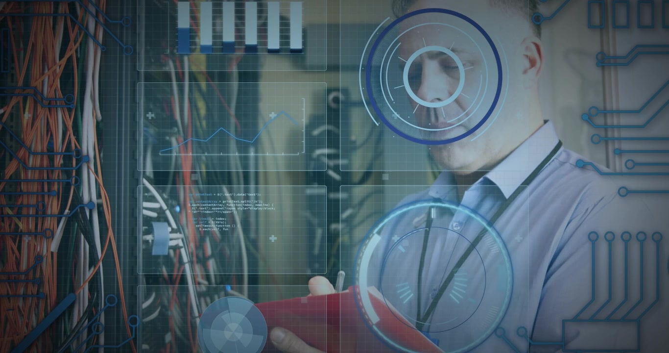 Animazione di statistiche ed elaborazione dati su sfondo grigio
