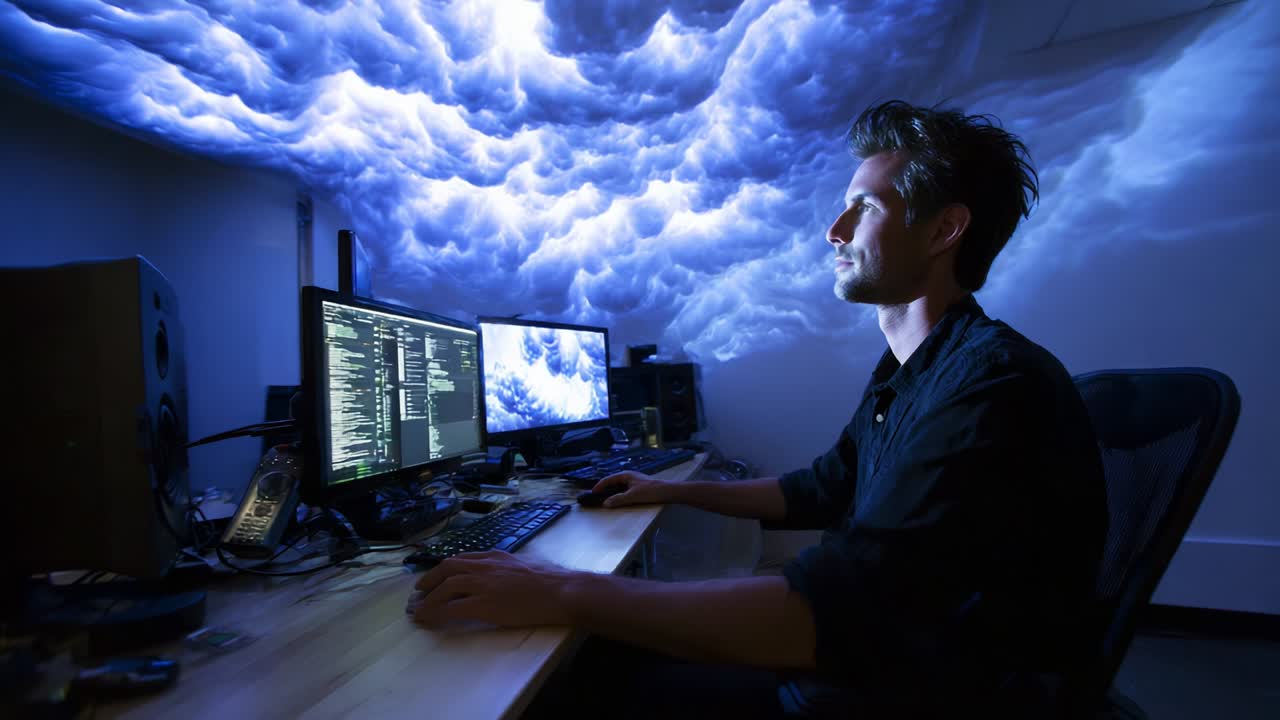 An Introspective Programmer Engaged in Coding Amidst a Captivating Cloudy Visualization Displayed on Screen, Merging Technology and Creativity in a Unique Artistic Environment