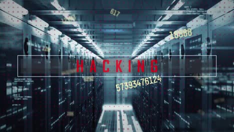 Animation of hacking text banner over changing numbers and data processing against server room