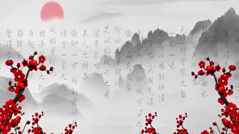 digital painting style atmospheric chinese poetry style ink mountain calligraphy sunrise background landscape of beautiful morning sky, flowers with animation japanese chinese watercolour style