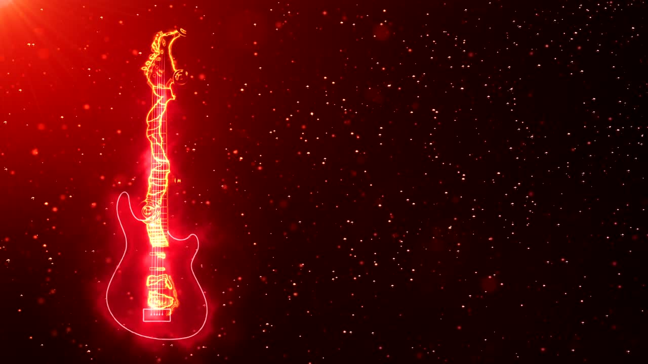 熱い空間で明るい粒子と光効果に囲まれた燃える電気ギター