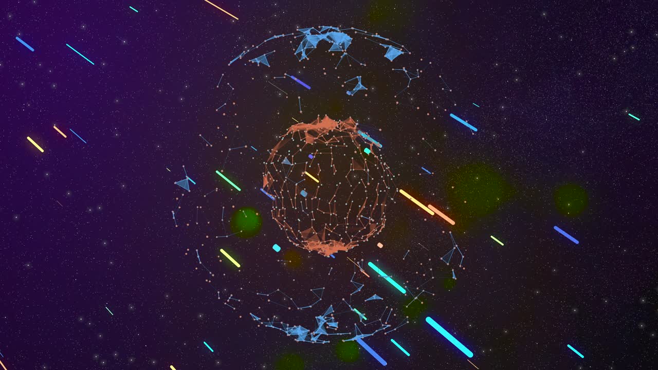 renderización 3d de globo abstracto con estructura triangular del plexo y partículas de línea coloridas volando.