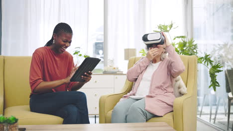 senior woman, glasses and vr with caregiver