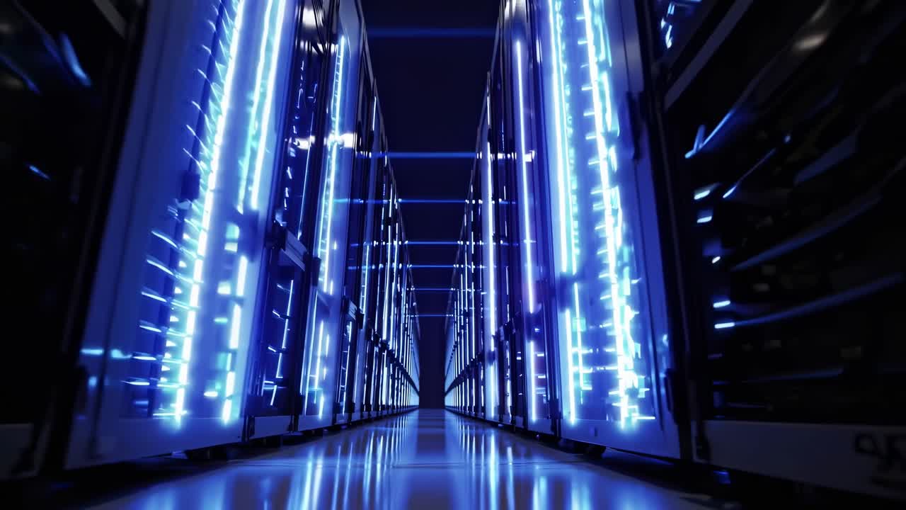 Futuristic data center with glowing blue lights, captured from a low-angle