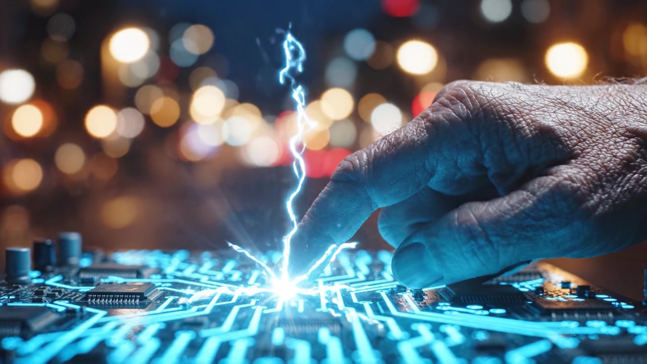 Representação Artística da Interação Humana com a Tecnologia: Uma Mão Conectando-se a uma Placa de Circuito Gera Luz e Inovação em uma Paisagem Noturna Urbana