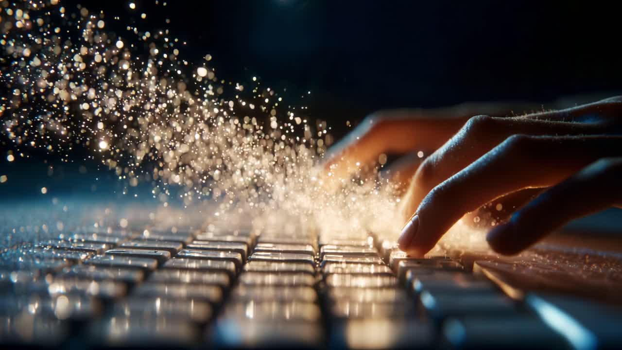 Hands typing on a glowing keyboard, emitting sparkling particles that create a magical aura, symbolizing creativity, technology, and the power of digital communication in a dimly lit environment
