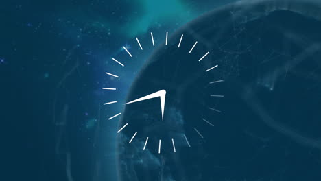 animación del reloj y la red de conexiones sobre fondo azul