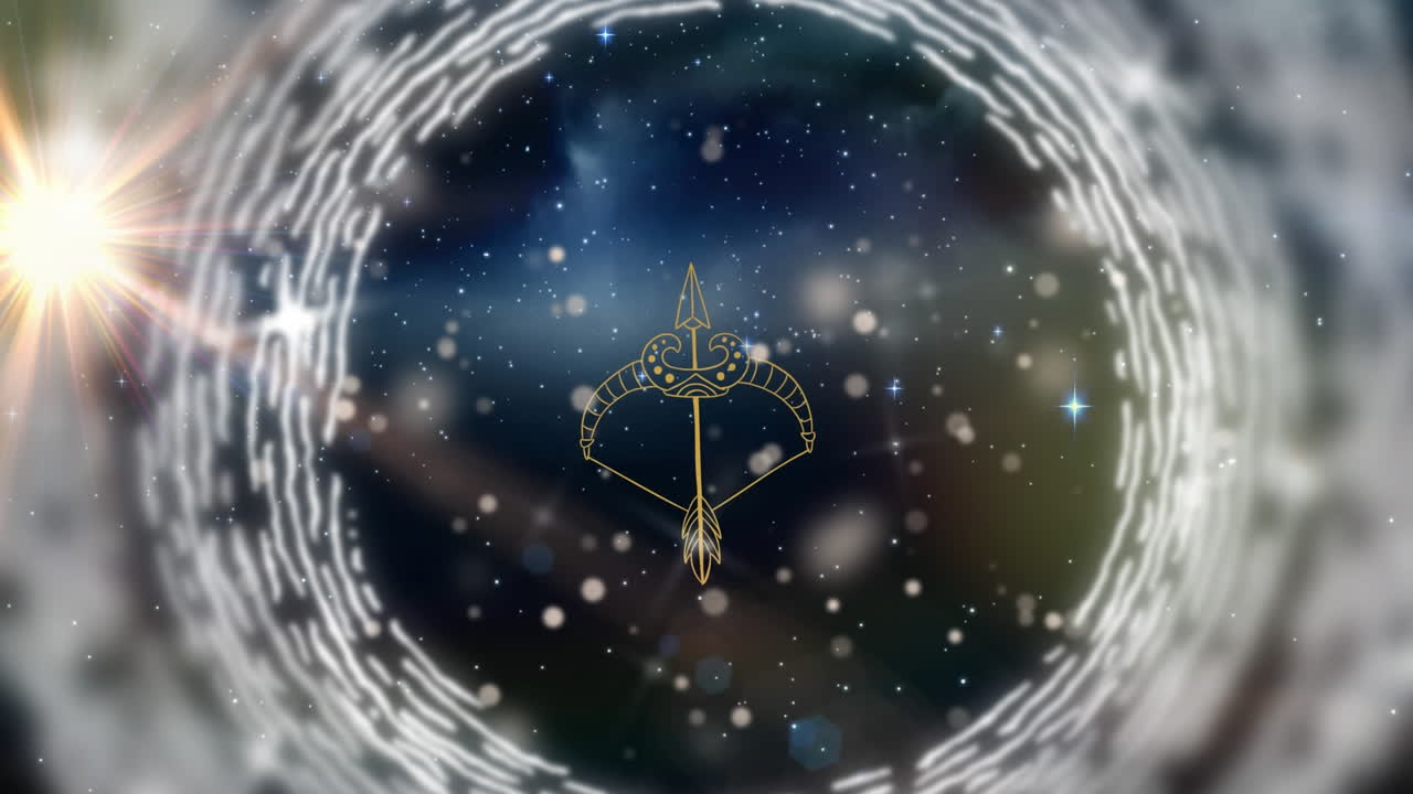 animación del signo estelar de sagitario sobre el universo y las estrellas brillantes