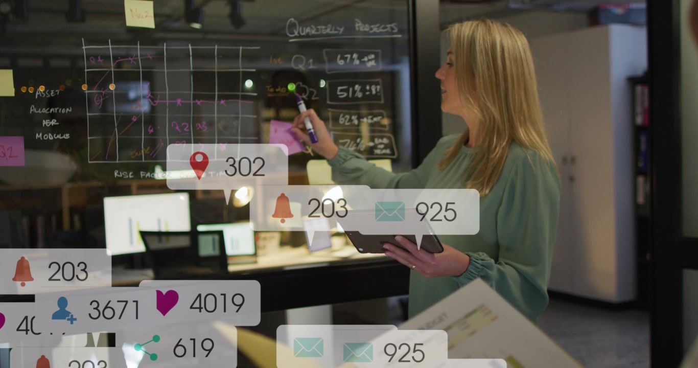 Animation of notification bars, caucasian woman explaining reports on sticky notes to coworkers