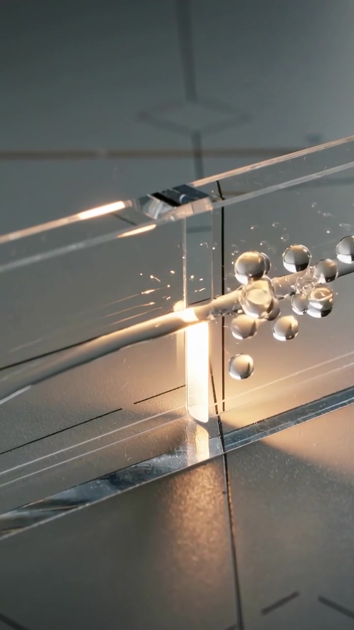 Video verticale: Sondaggio di gocce con una sonda sottile che si muove verso destra su una striscia di vetro su un banco per studiare la frammentazione.