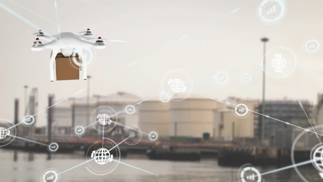패키지와 함께 배달 드론을 통해 아이콘과 연결 네트워크의 애니메이션
