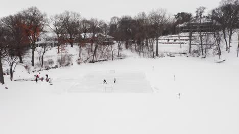 aerial, family and friends playing ice hockey on an outdoor ice rink made on frozen lake