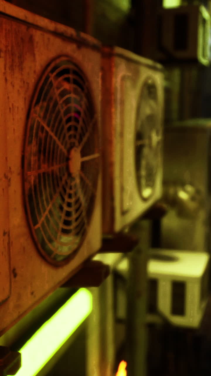 Old air conditioning units line a busy urban street at night