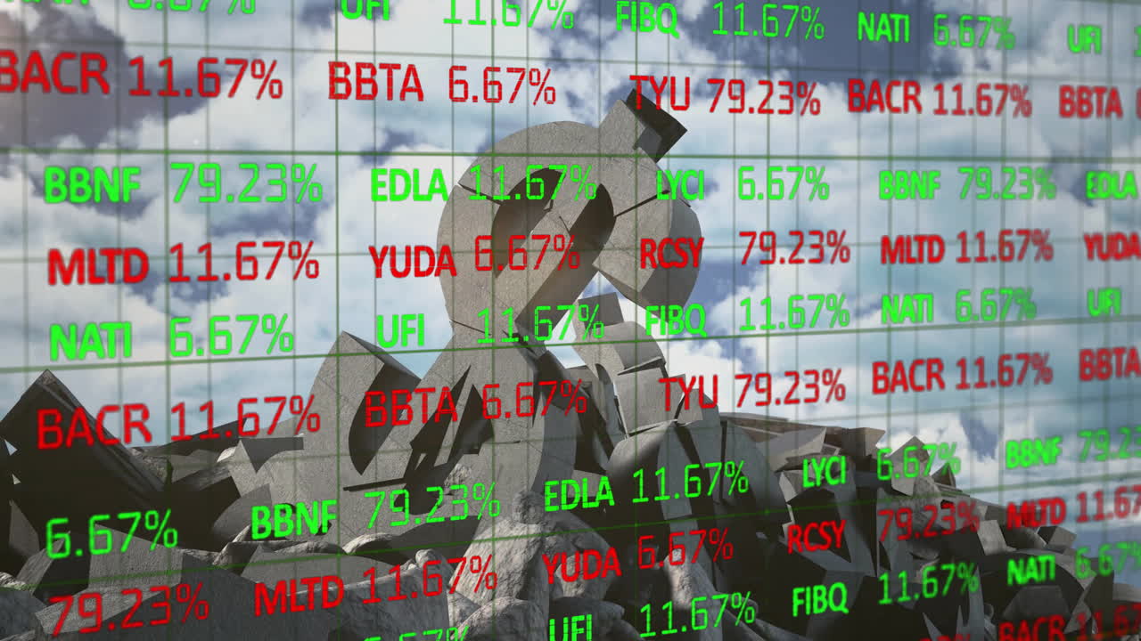 부러진 달러 기호와 구름으로 된 하늘 위에 금융 데이터 처리의 애니메이션