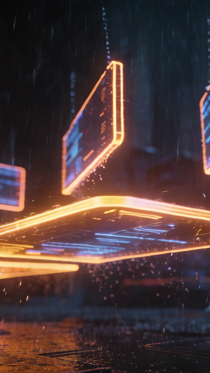 Vertical video: Rain starting, neon-edged holo panels drifting above wet pavement, shedding drops