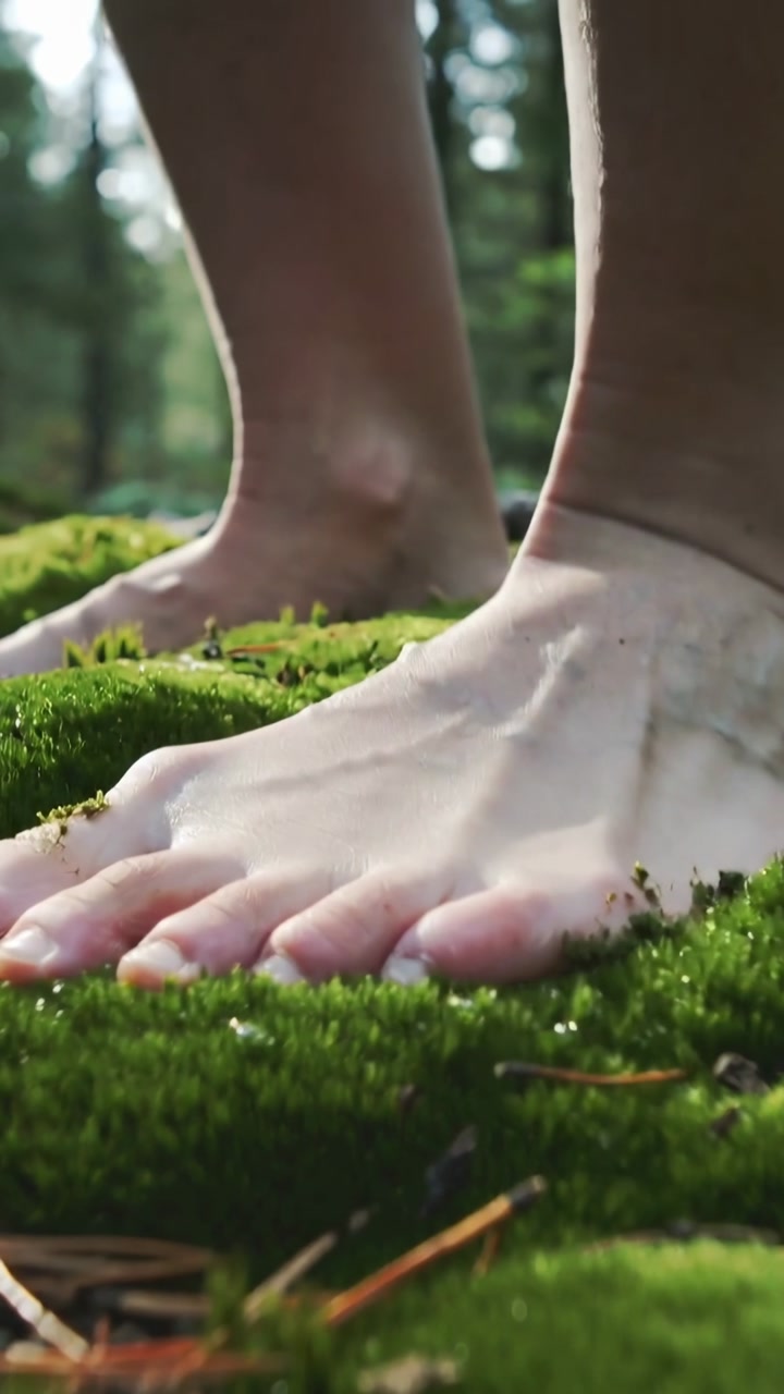 Vertical video: Pressing bare feet into moss in forest leaving moss bits, pine needles clinging