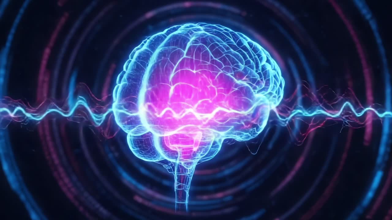 A Stunning Visualization of a Vibrant Brain with Pulsating Waves, Showcasing the Intricate Connections and Energies of Neural Activity in a Digital Realm