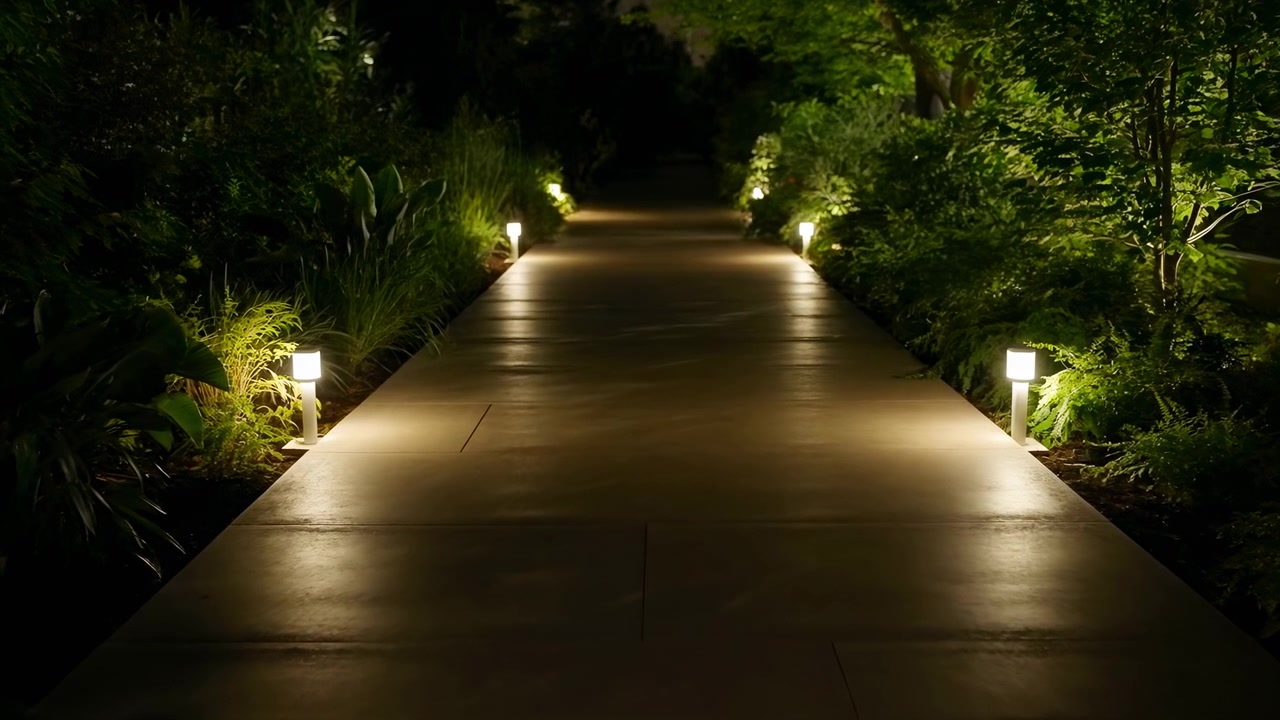 Luzes de chão quentes ladeiam ambos os lados de um caminho de jardim pavimentado e reto, cercado por plantas exuberantes, criando destaques repetidos e sombras profundas enquanto a vista permanece centralizada à noite.
