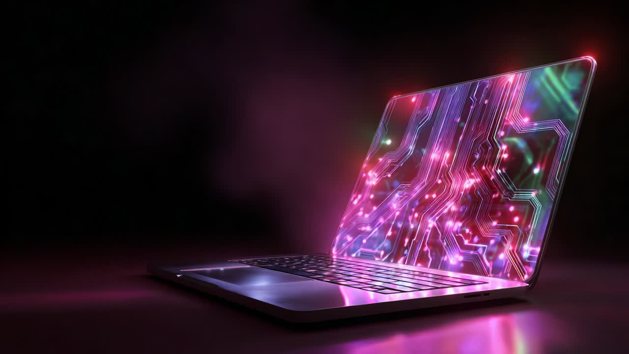 A visually stunning representation of a futuristic laptop with glowing circuit patterns, showcasing vibrant colors and intricate designs that highlight the fusion of technology and art in the digital age