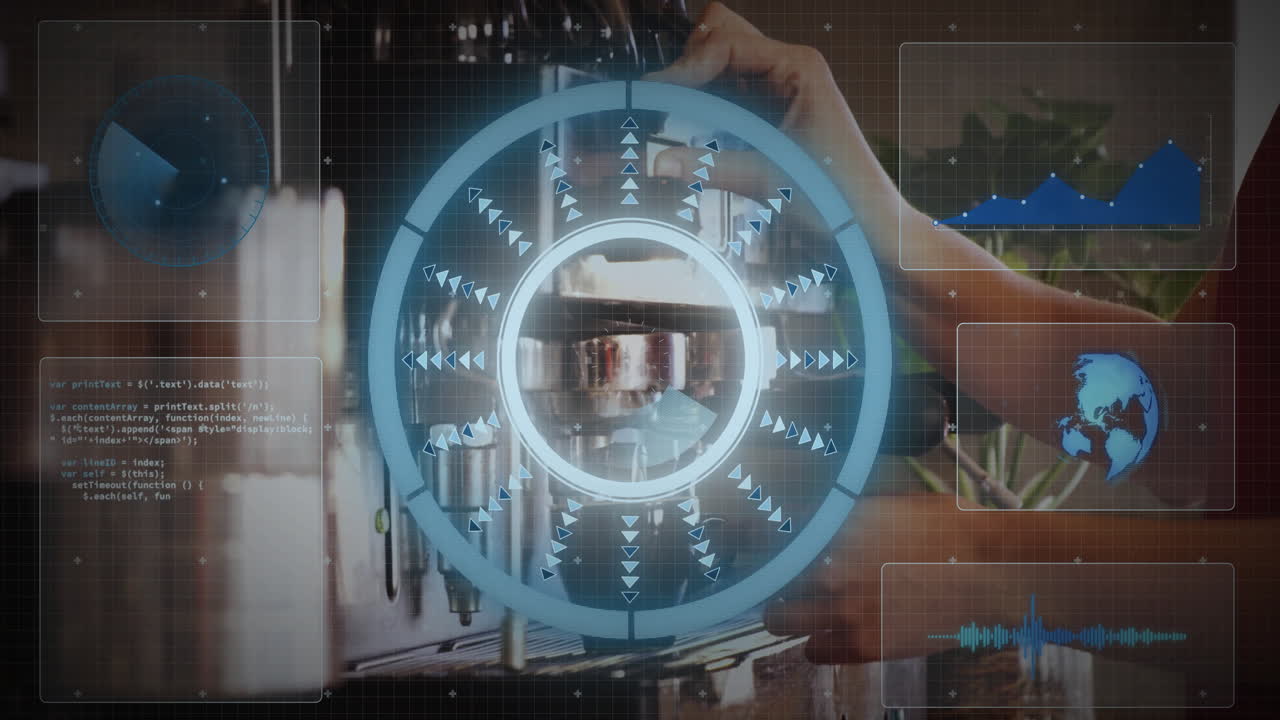 Animating hands gripping portafilter in HUD, showing code snippet, globe icon and waveform