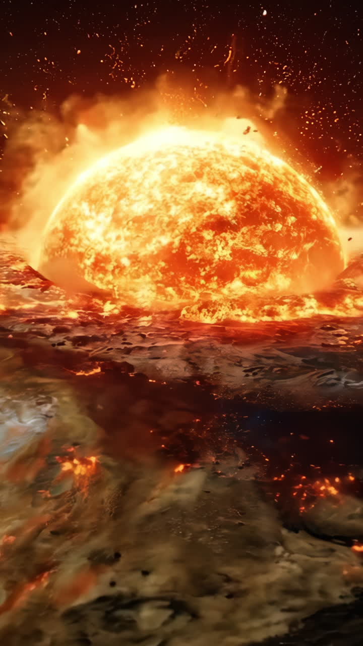 A fiery explosion on a planet with a large, glowing sun in the background. The scene is intense and dramatic, with the sun and the explosion creating a sense of chaos and destruction