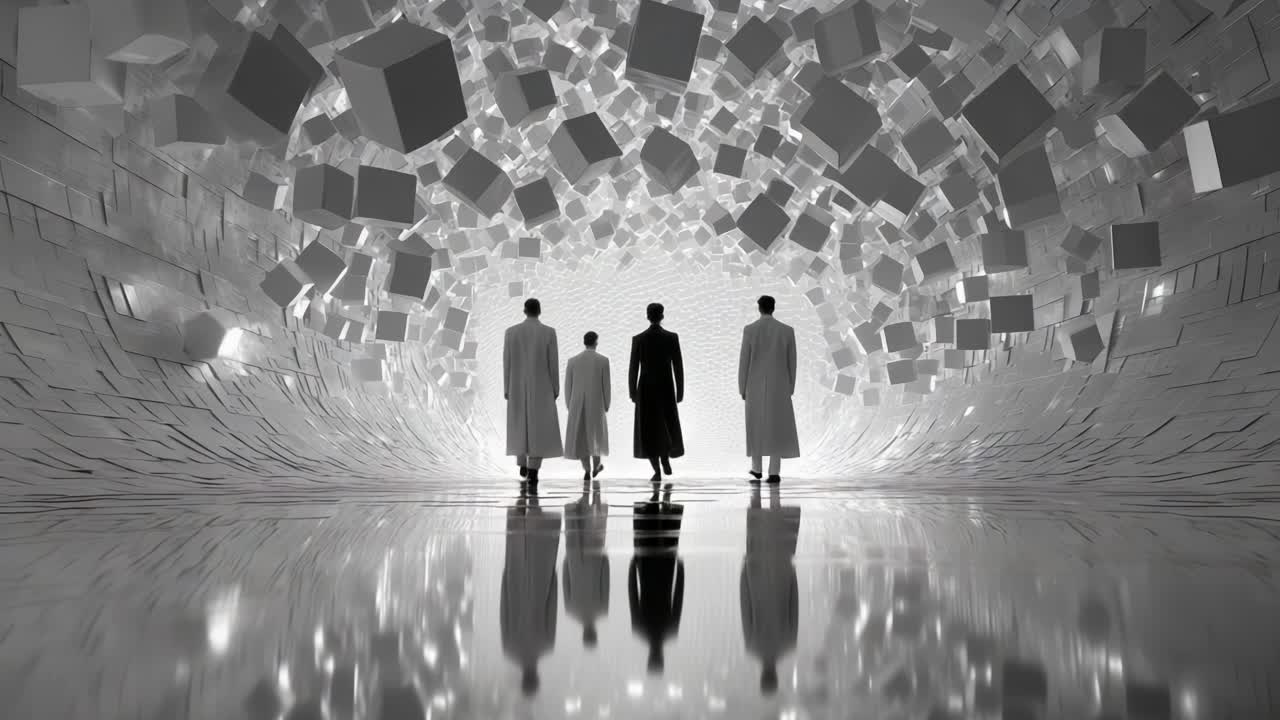 Exploring a Futuristic Dimension: Four Figures Embark on a Journey Through an Abstract Space of Floating Cubes and Reflective Surfaces, Merging Art and Technology in a Captivating Visual Experience