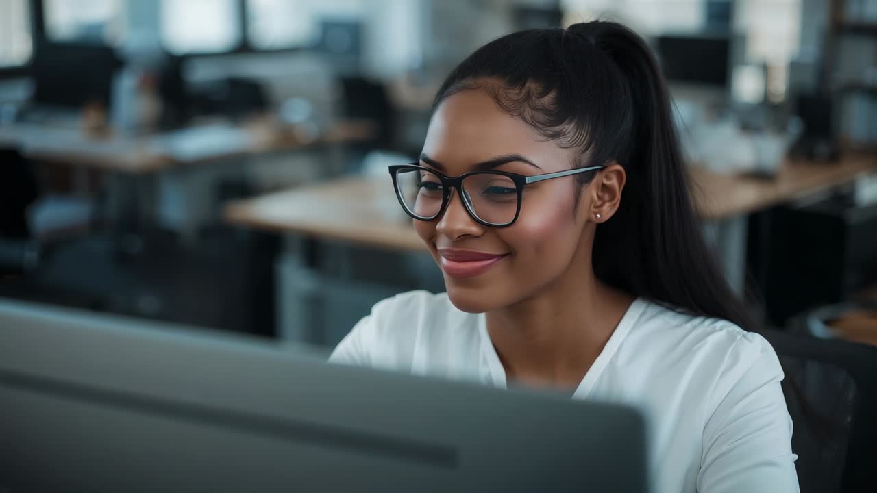 Seeing monitor, woman wearing white blouse, glasses shifting from focus to smile in open office