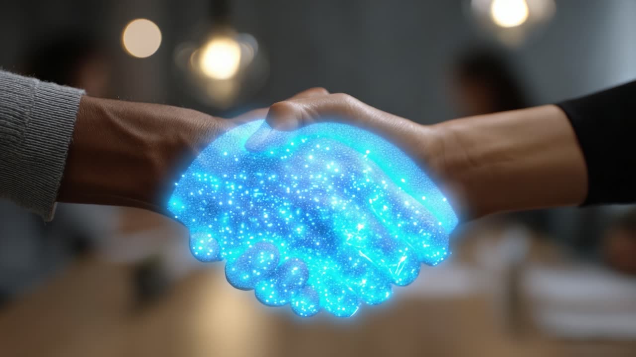 Una stretta di mano simbolica tra due persone con mani luminose e stellate, che rappresenta unità, collaborazione e la fusione di idee in un'atmosfera creativa