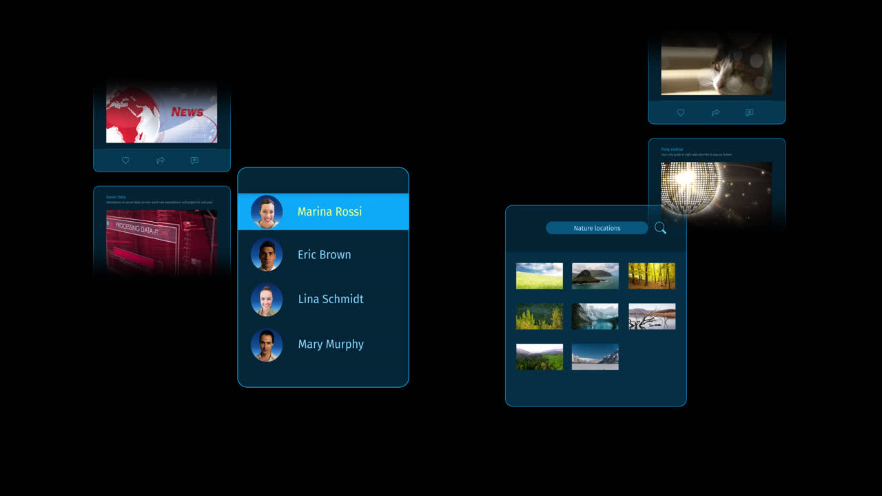 Animation of interface with social media posts and people profiles on black background