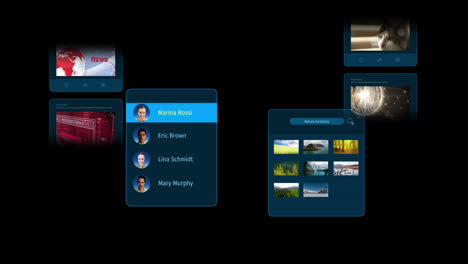 animation of interface with social media posts and people profiles on black background