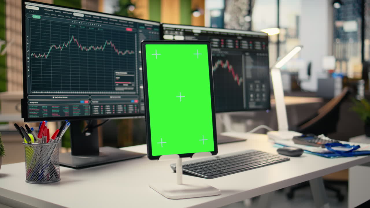 Close up of green screen tablet in brokerage company workplace