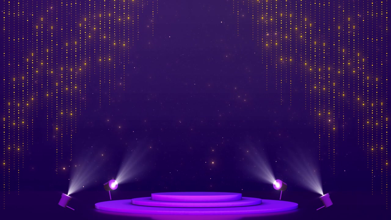 Purple luxury stage background with golden dotted light curtains glowing spot beams round podium and