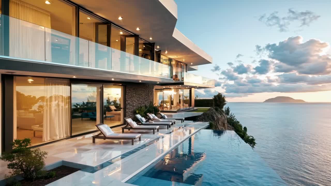 Aerial video view of a modern cliffside villa at sunset, showcasing sleek architecture, glass