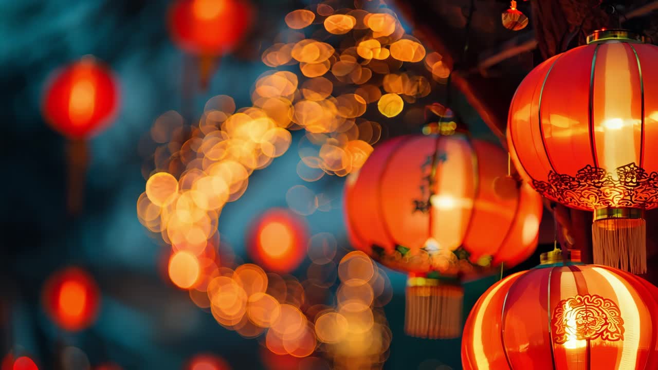 Warm light emanating from traditional red lanterns creates a festive atmosphere, enhancing the spirit of Chinese New Year with bokeh effect