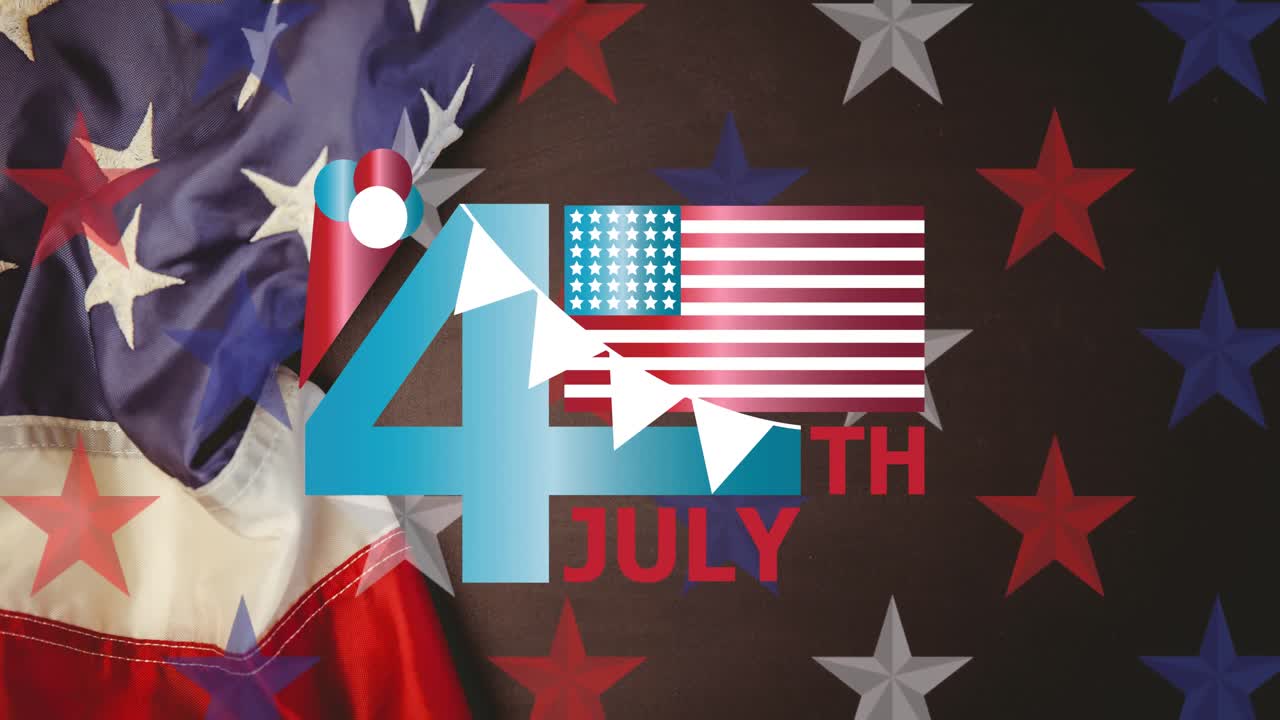 미국 패턴의  ⁇ 발 위에 있는 독립기념일 텍스트의 애니메이션