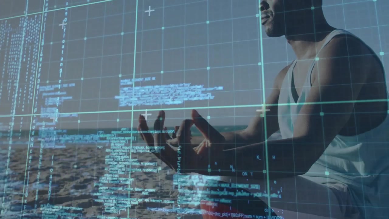 Man Meditating on Beach with Digital Data Overlay