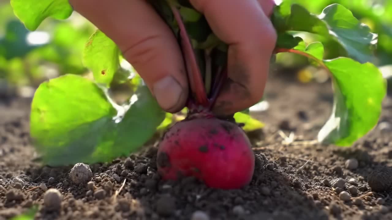 Harvesting Ripe Radishes in the Garden During Sunny Spring Morning