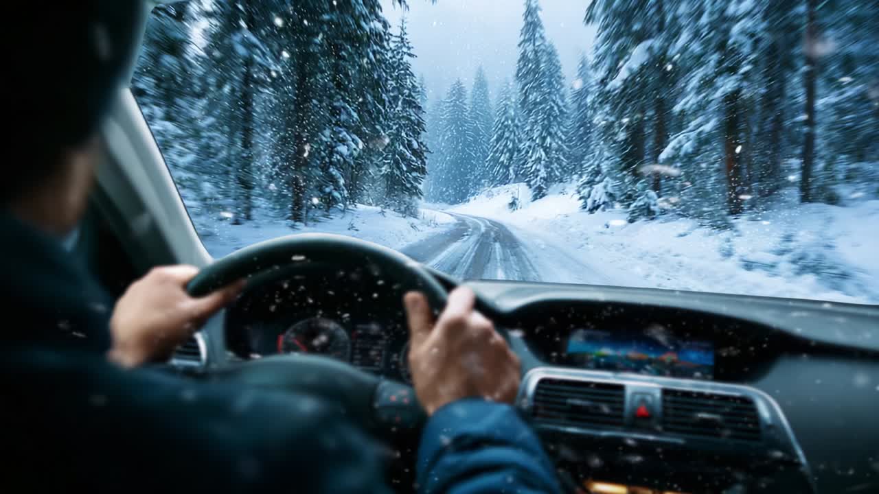 Driving through a snowy forest road, surrounded by tall pine trees covered in white flakes, as winter weather creates a tranquil and picturesque landscape of nature's beauty