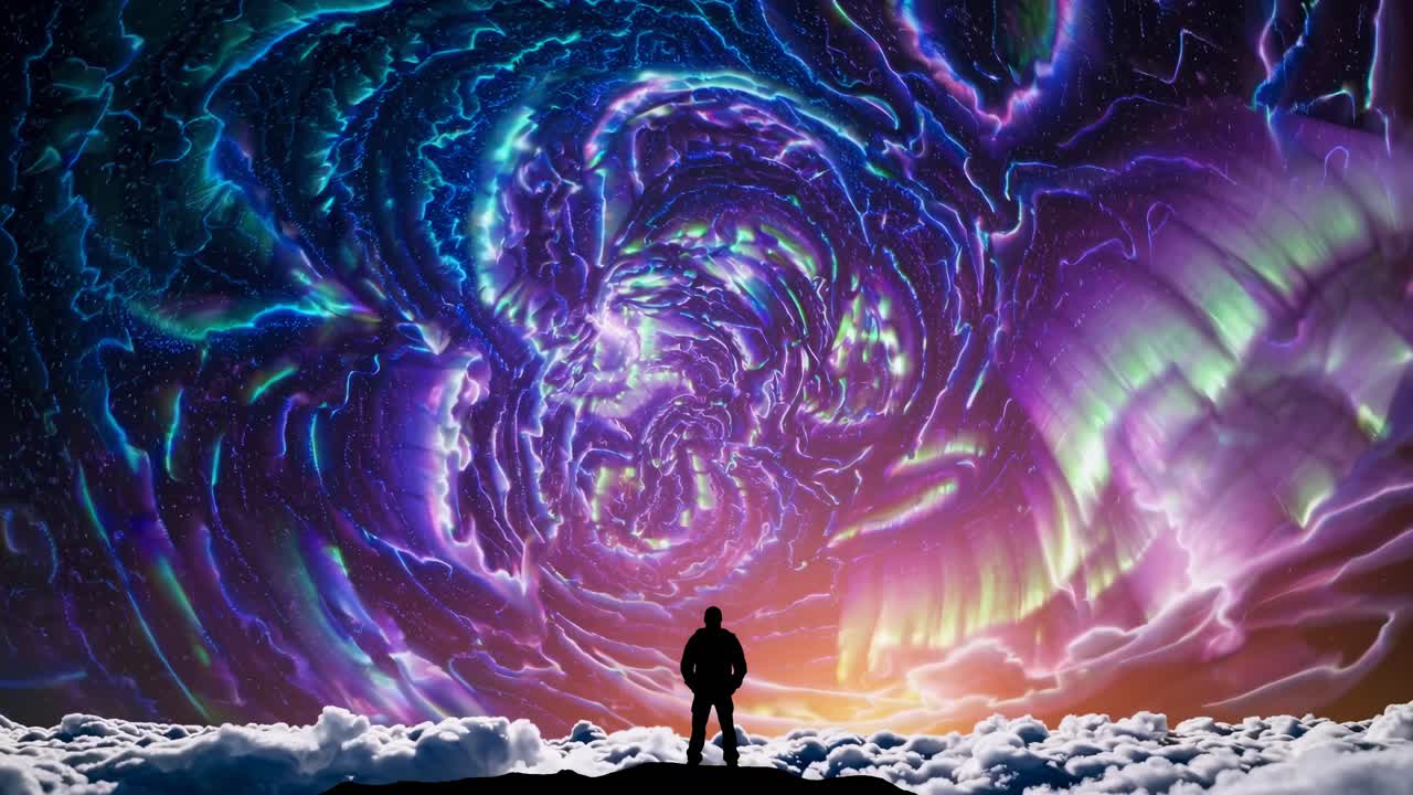 Silhouette of a person standing on clouds, gazing at a swirling, colorful cosmic sky