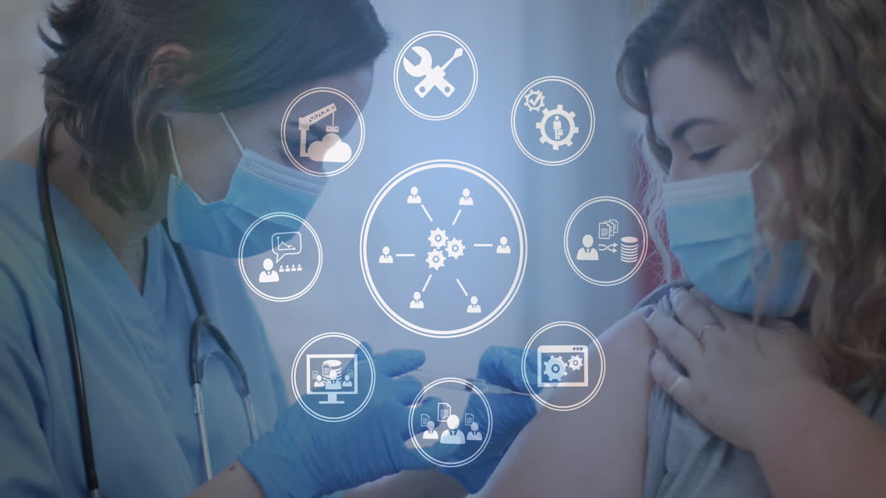 디지털 아이콘의 애니메이션 데이터 처리가 백인 여성 의사 예방 접종 여성