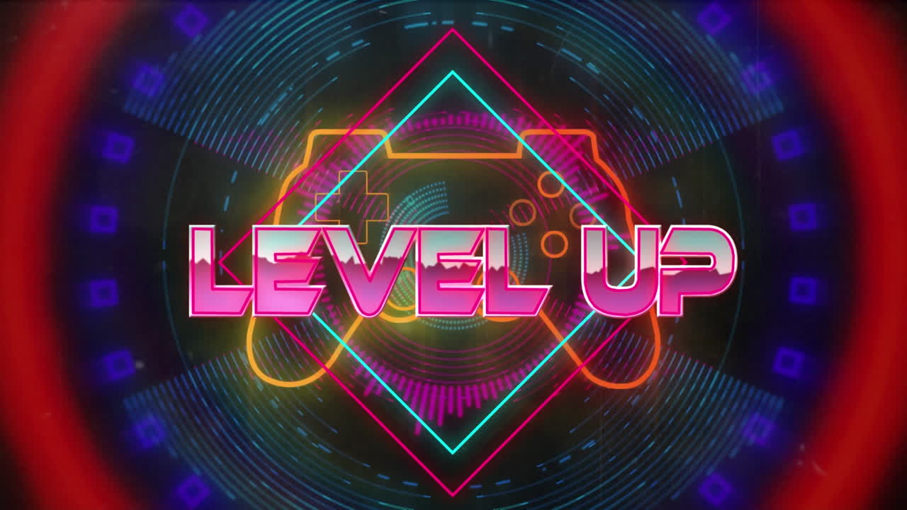 animación de un banner de texto de nivel sobre el icono del controlador de videojuego contra formas de neón.