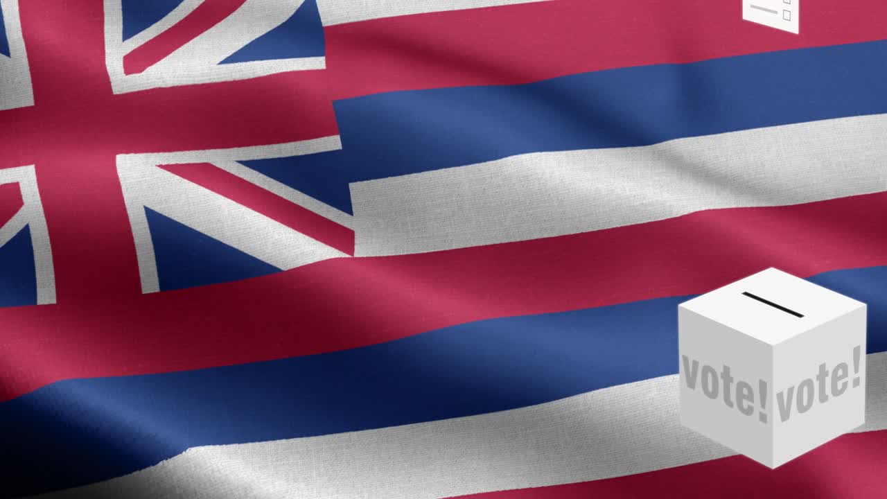 하와이 주 - 투표용지가 하와이 선택을 위해 상자에 날아갑니다 - 발 앞의 투표용지 - 선거 - 투표 - 국가 발 하와이 주에서 파동 패턴 루프 가능한 요소 - 직물 질감과 끝없는 루프 - 하와이 주의 루프 가능한 발 - 미국 주 발