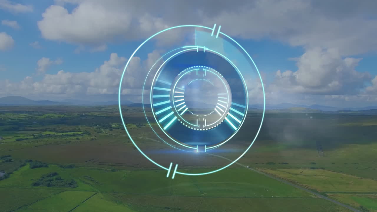 Digital interface animation overlaying green landscape with cloudy sky in background